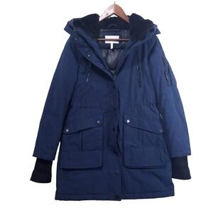 BCBGeneration Hooded Parka Puffer‎ Coat Women's XS Jacket Navy Blue No Fur Trim